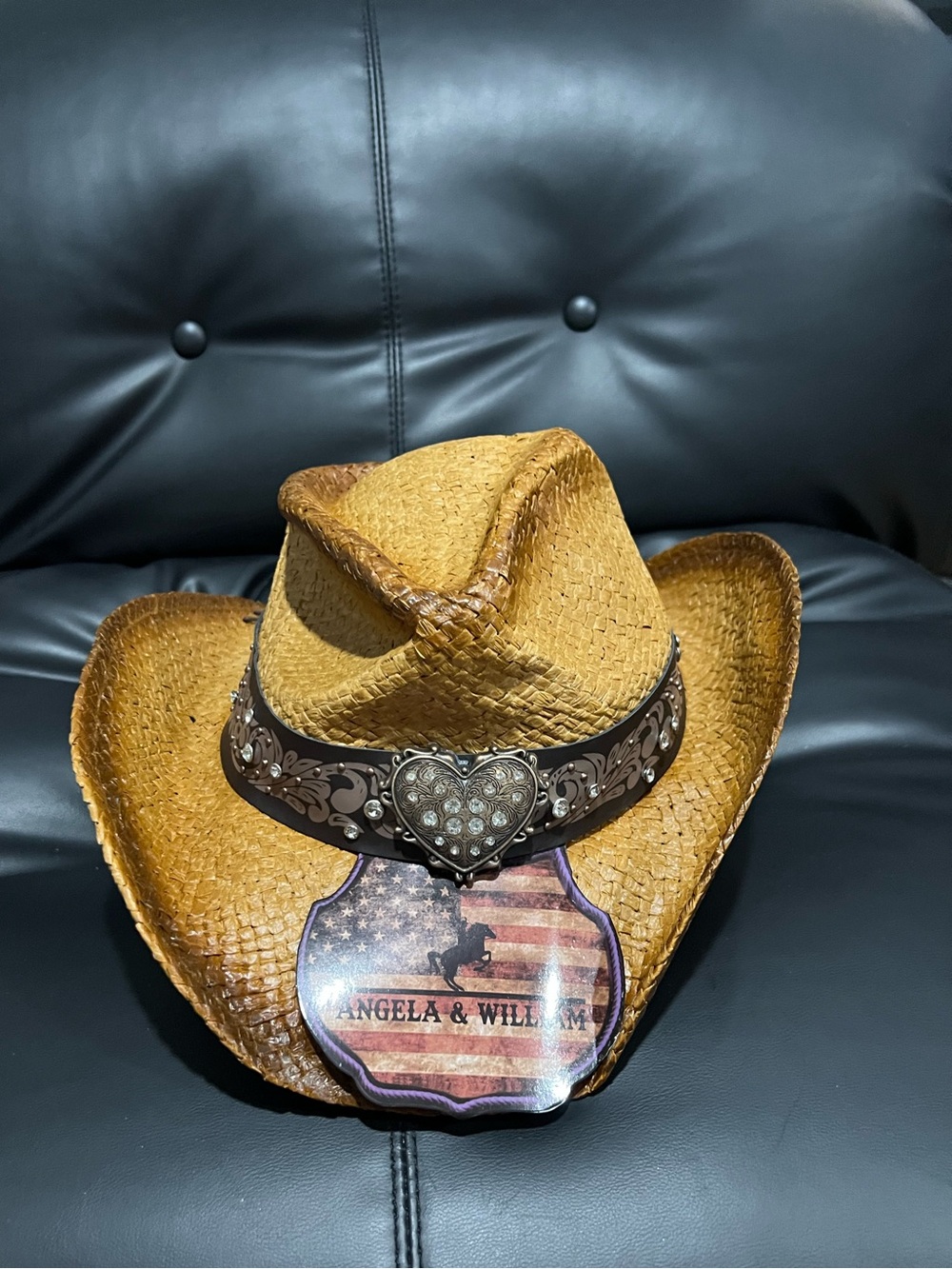 Tan Straw Cowboy Hat with Decorative Brown Heart Band sun protection